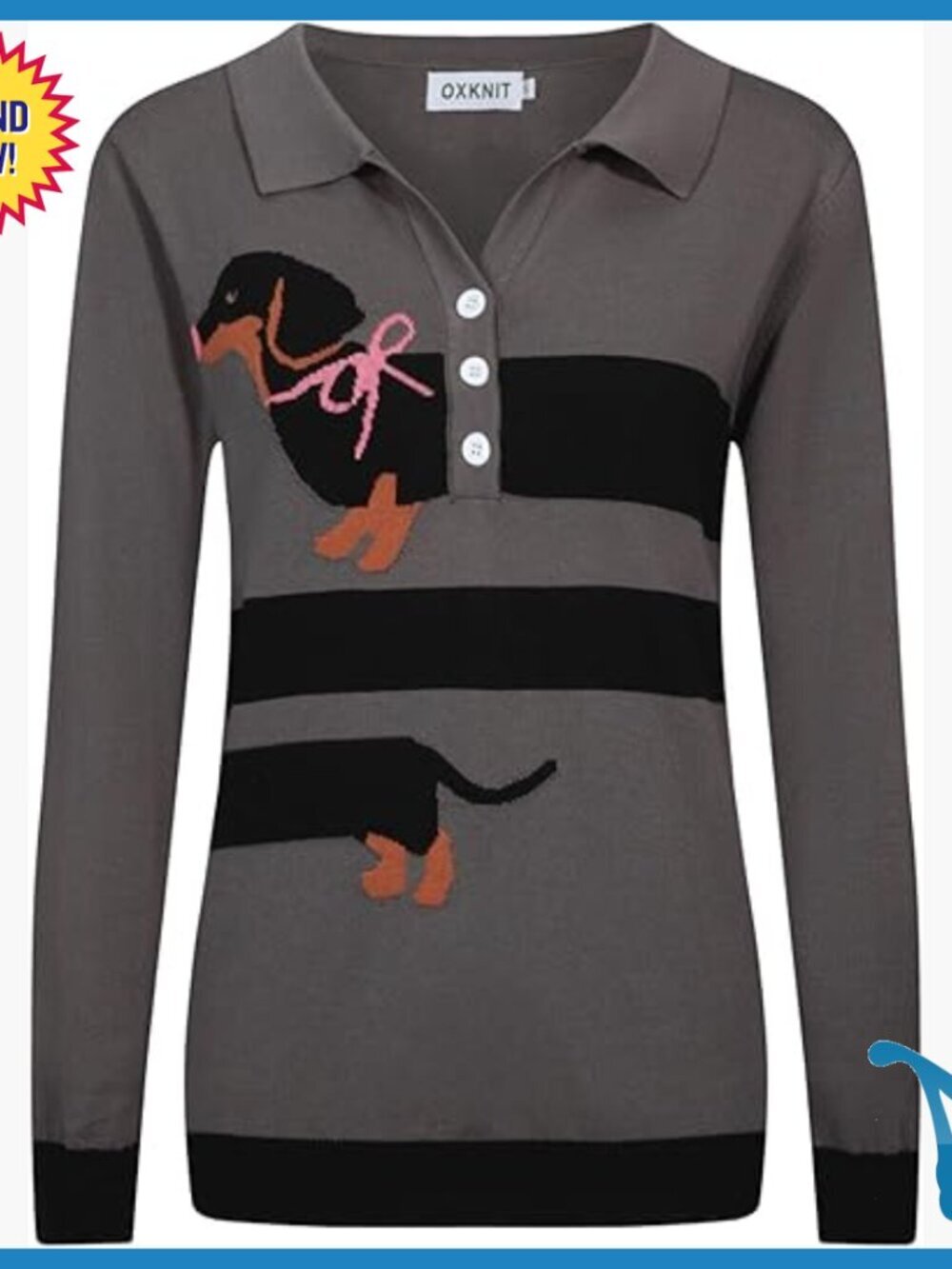 Vintage Dachshund Polo Shirt Long Sleeve Cotton Knit Button Down Top
